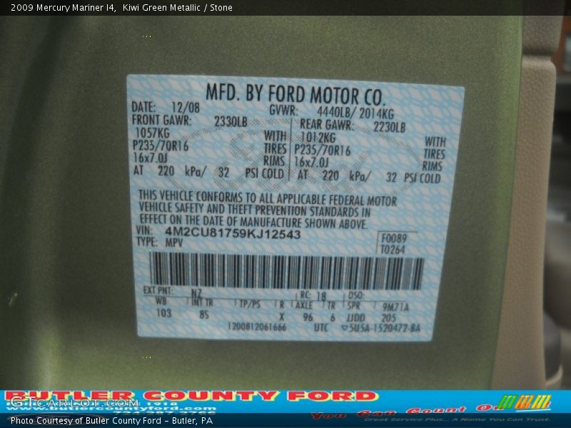 Kiwi Green Metallic / Stone 2009 Mercury Mariner I4