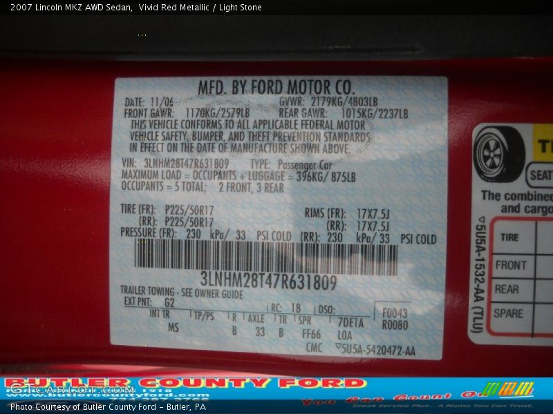 Vivid Red Metallic / Light Stone 2007 Lincoln MKZ AWD Sedan