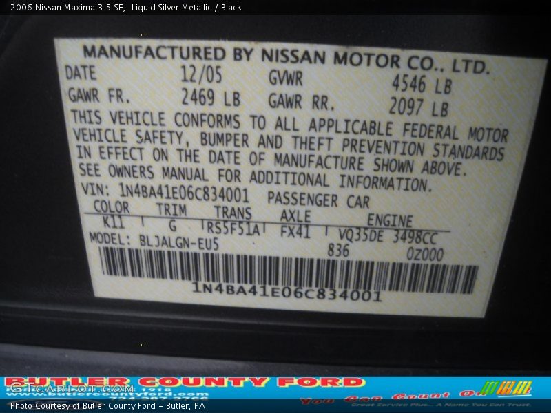 Liquid Silver Metallic / Black 2006 Nissan Maxima 3.5 SE