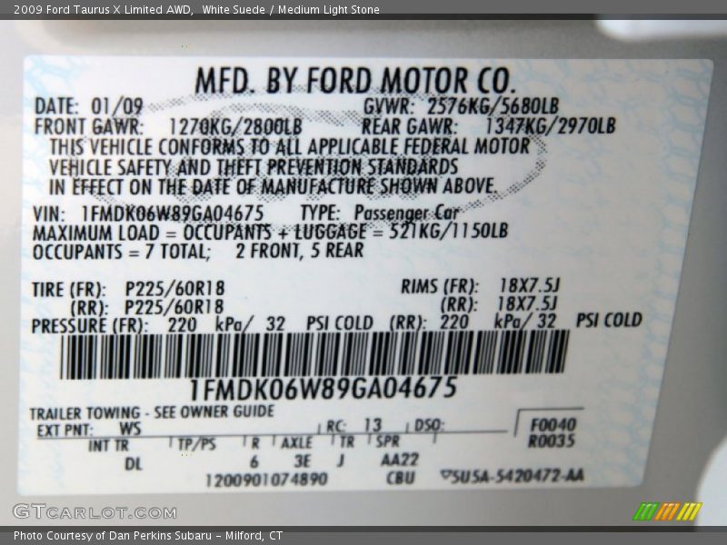 2009 Taurus X Limited AWD White Suede Color Code WS