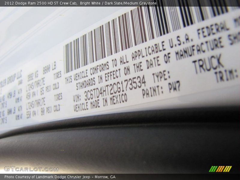 2012 Ram 2500 HD ST Crew Cab Bright White Color Code PW7