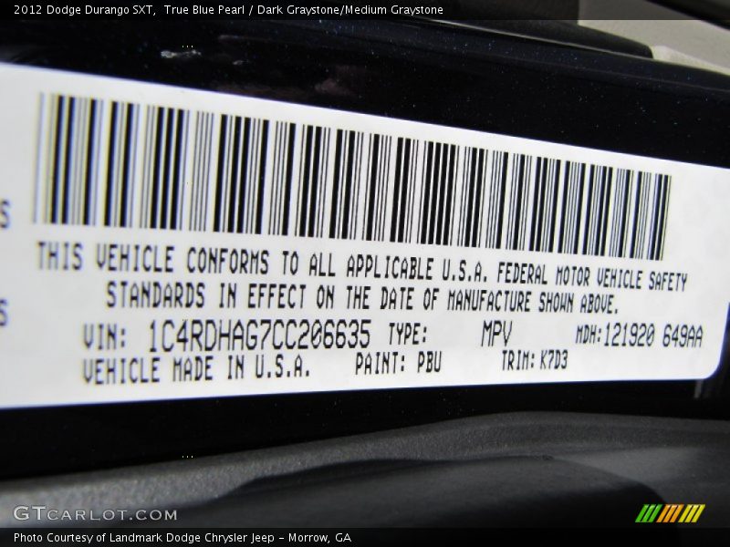 2012 Durango SXT True Blue Pearl Color Code PBU