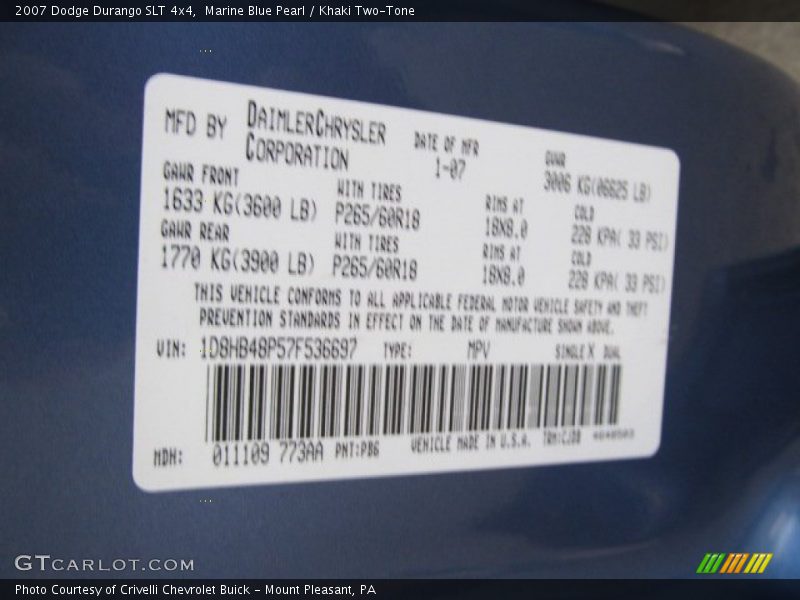 2007 Durango SLT 4x4 Marine Blue Pearl Color Code PB6