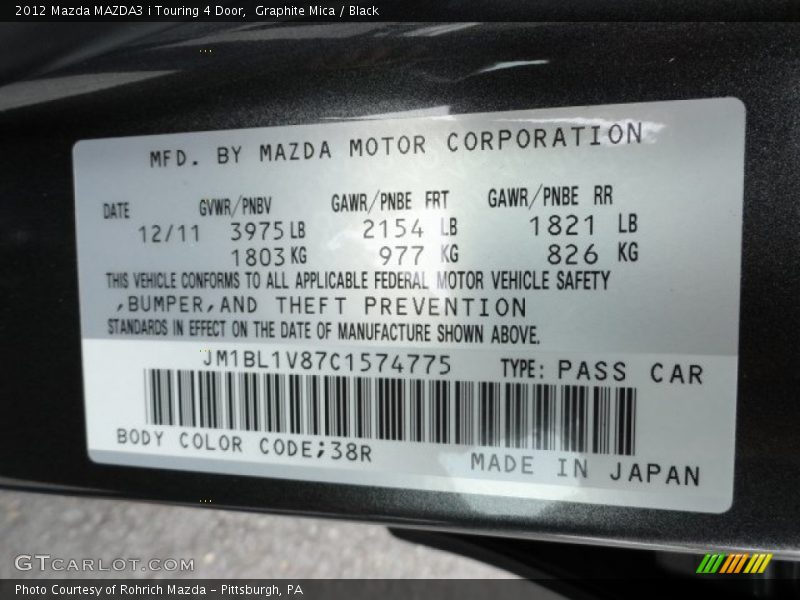 2012 MAZDA3 i Touring 4 Door Graphite Mica Color Code 38R