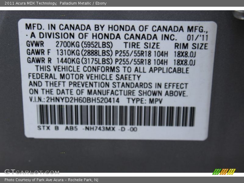 2011 MDX Technology Palladium Metallic Color Code NH743MX