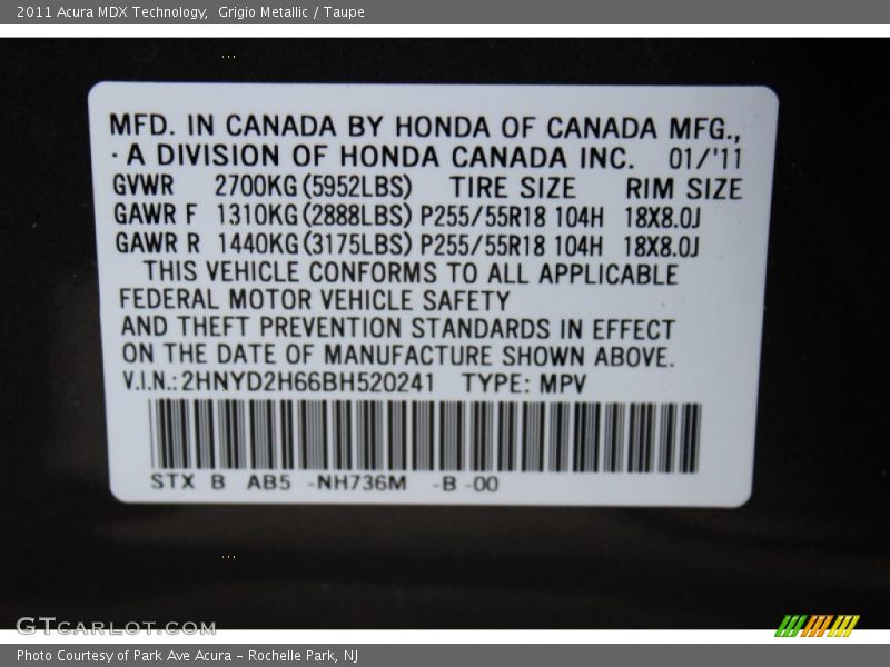 2011 MDX Technology Grigio Metallic Color Code NH736M