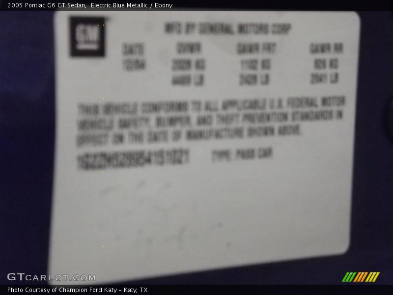 Electric Blue Metallic / Ebony 2005 Pontiac G6 GT Sedan