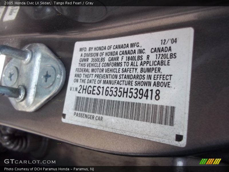 Tango Red Pearl / Gray 2005 Honda Civic LX Sedan