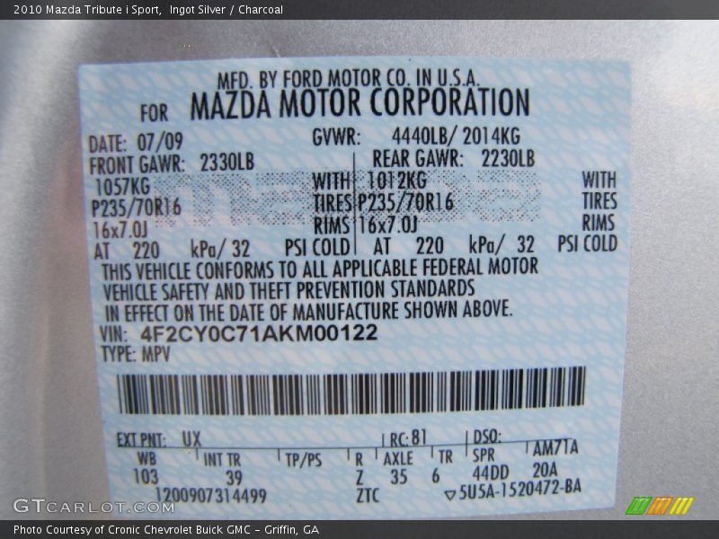 2010 Tribute i Sport Ingot Silver Color Code UX