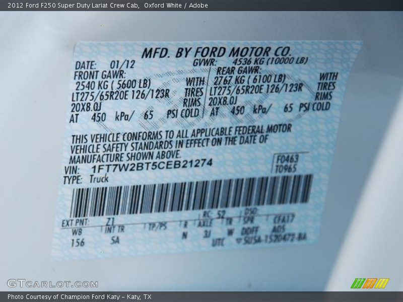 2012 F250 Super Duty Lariat Crew Cab Oxford White Color Code Z1