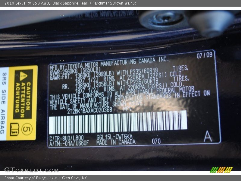 2010 RX 350 AWD Black Sapphire Pearl Color Code 8U0