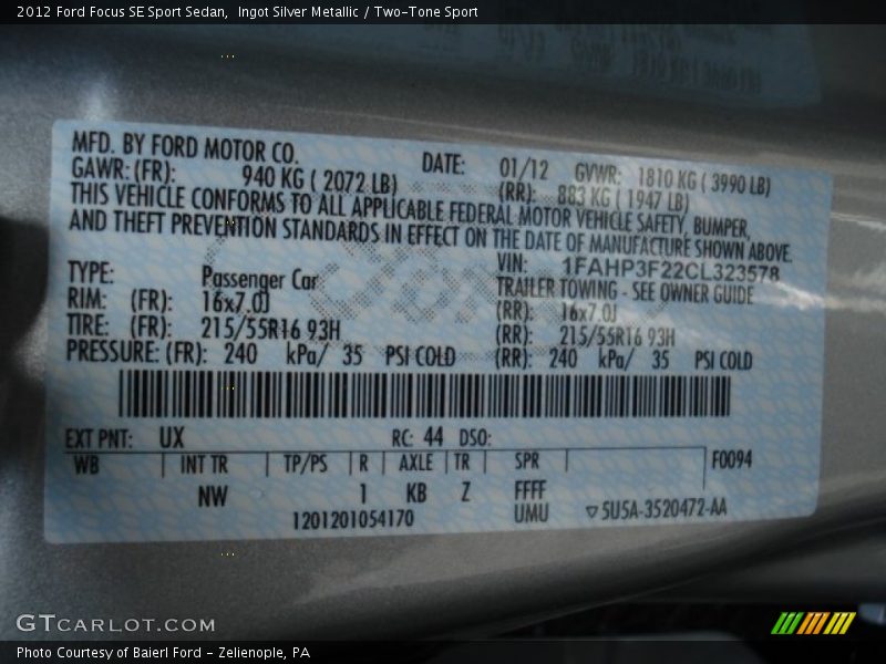 2012 Focus SE Sport Sedan Ingot Silver Metallic Color Code UX