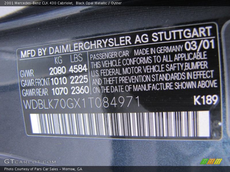 2001 CLK 430 Cabriolet Black Opal Metallic Color Code 189