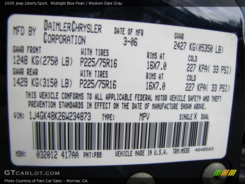 2006 Liberty Sport Midnight Blue Pearl Color Code PB8