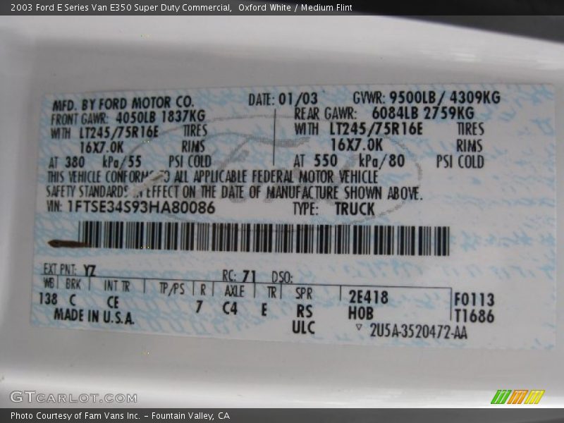 2003 E Series Van E350 Super Duty Commercial Oxford White Color Code YZ