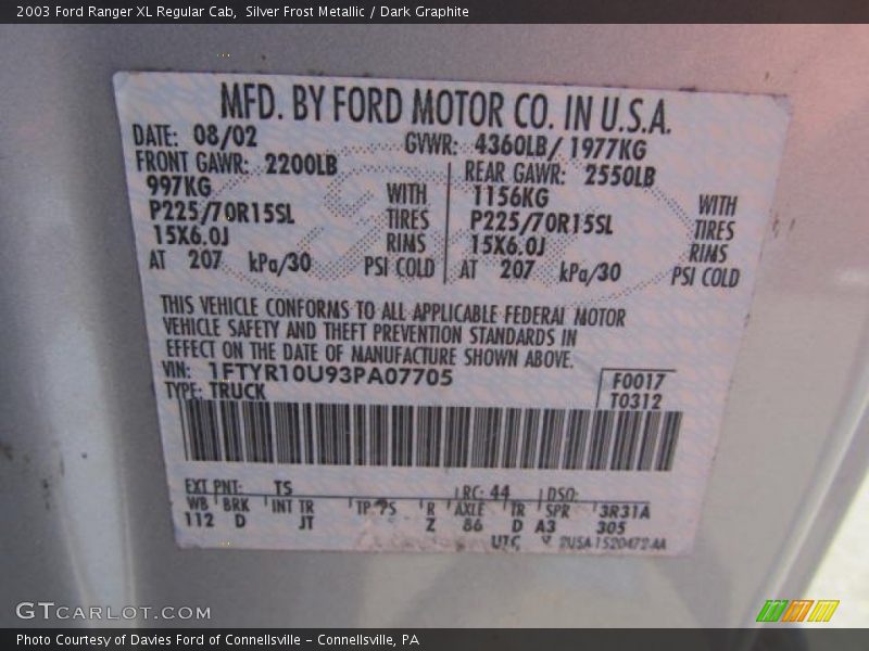 2003 Ranger XL Regular Cab Silver Frost Metallic Color Code TS