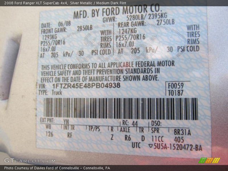 2008 Ranger XLT SuperCab 4x4 Silver Metallic Color Code YN