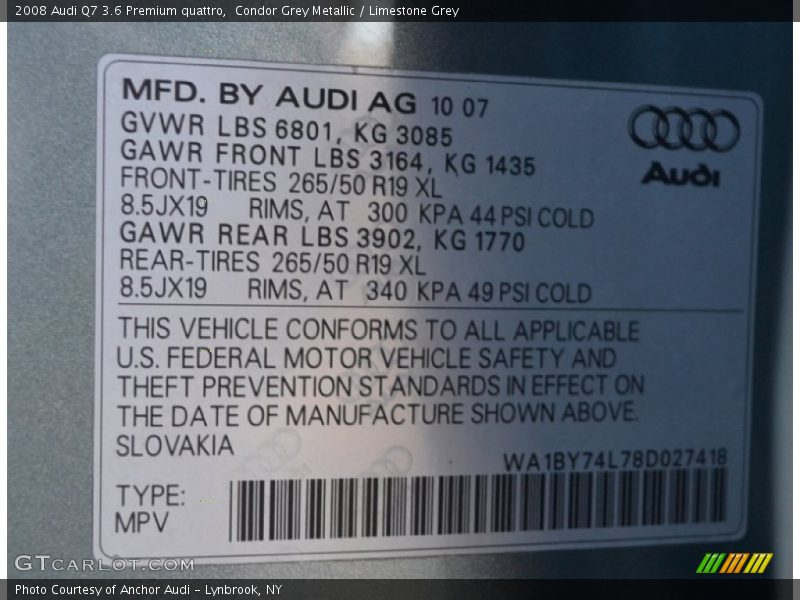 Condor Grey Metallic / Limestone Grey 2008 Audi Q7 3.6 Premium quattro