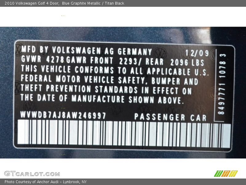 Blue Graphite Metallic / Titan Black 2010 Volkswagen Golf 4 Door