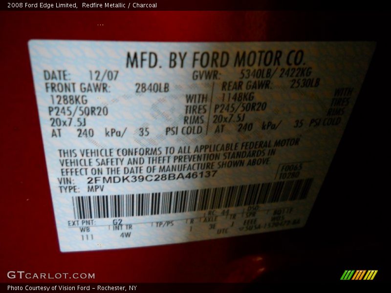 2008 Edge Limited Redfire Metallic Color Code G2