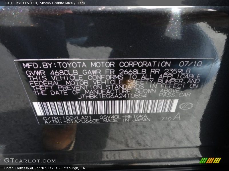 2010 ES 350 Smoky Granite Mica Color Code 1G0