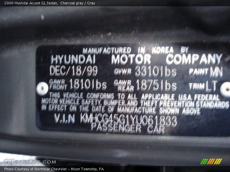 Charcoal gray / Gray 2000 Hyundai Accent GL Sedan