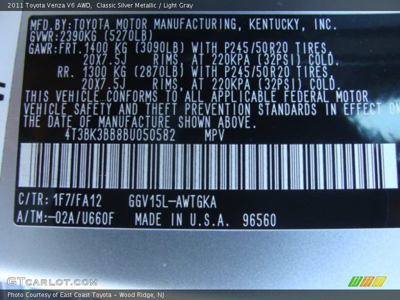 Classic Silver Metallic / Light Gray 2011 Toyota Venza V6 AWD