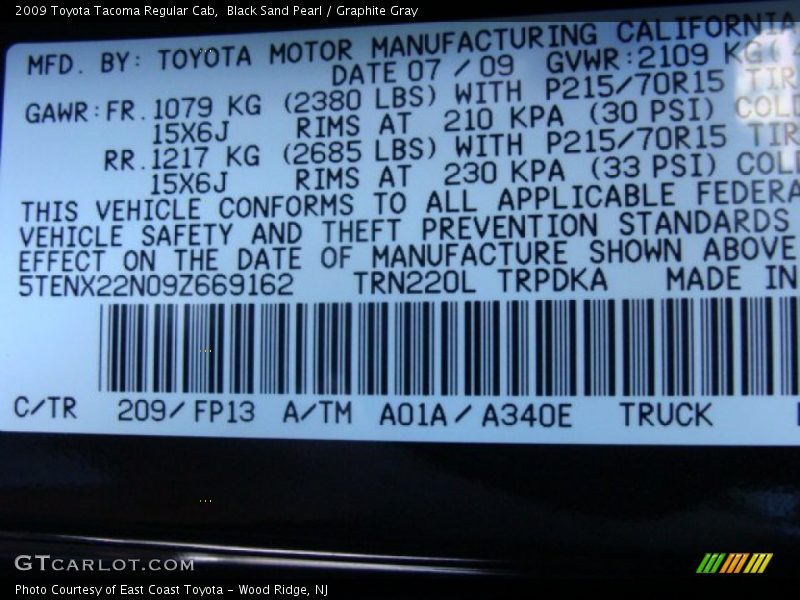 Black Sand Pearl / Graphite Gray 2009 Toyota Tacoma Regular Cab