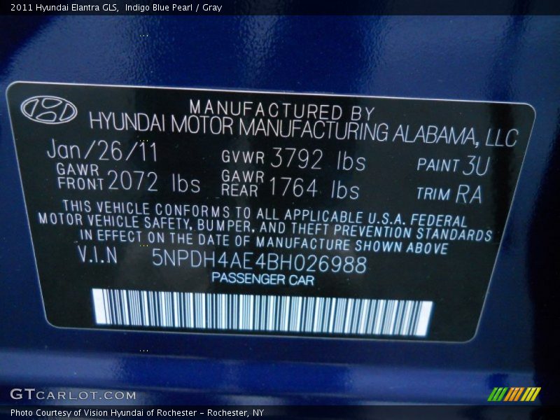 Indigo Blue Pearl / Gray 2011 Hyundai Elantra GLS