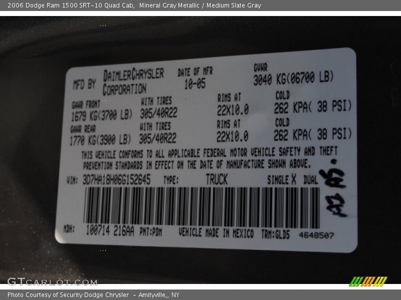 2006 Ram 1500 SRT-10 Quad Cab Mineral Gray Metallic Color Code PDM