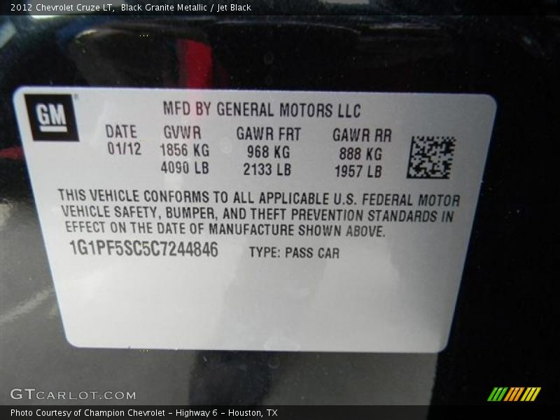 Black Granite Metallic / Jet Black 2012 Chevrolet Cruze LT