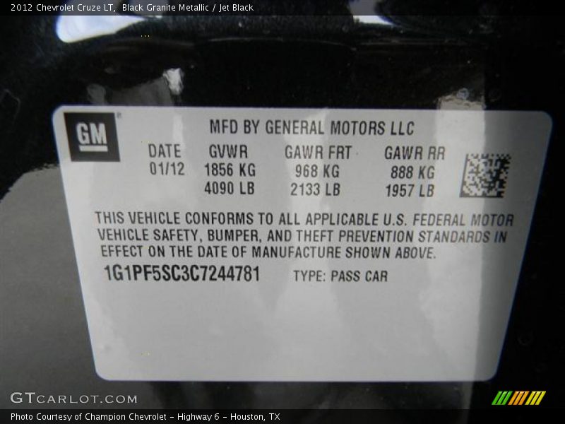 Black Granite Metallic / Jet Black 2012 Chevrolet Cruze LT