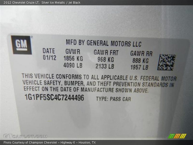 Silver Ice Metallic / Jet Black 2012 Chevrolet Cruze LT