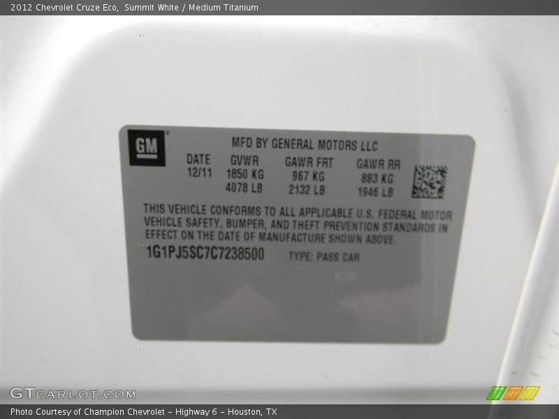Summit White / Medium Titanium 2012 Chevrolet Cruze Eco