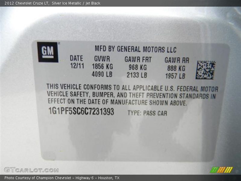 Silver Ice Metallic / Jet Black 2012 Chevrolet Cruze LT