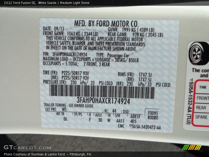 2012 Fusion SE White Suede Color Code WS
