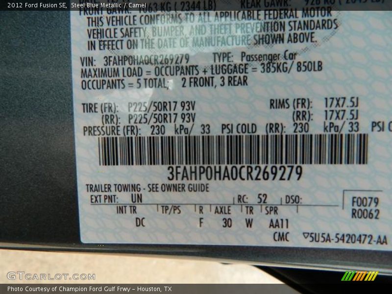 Steel Blue Metallic / Camel 2012 Ford Fusion SE