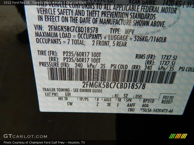 Tuxedo Black Metallic / Charcoal Black 2012 Ford Flex SE