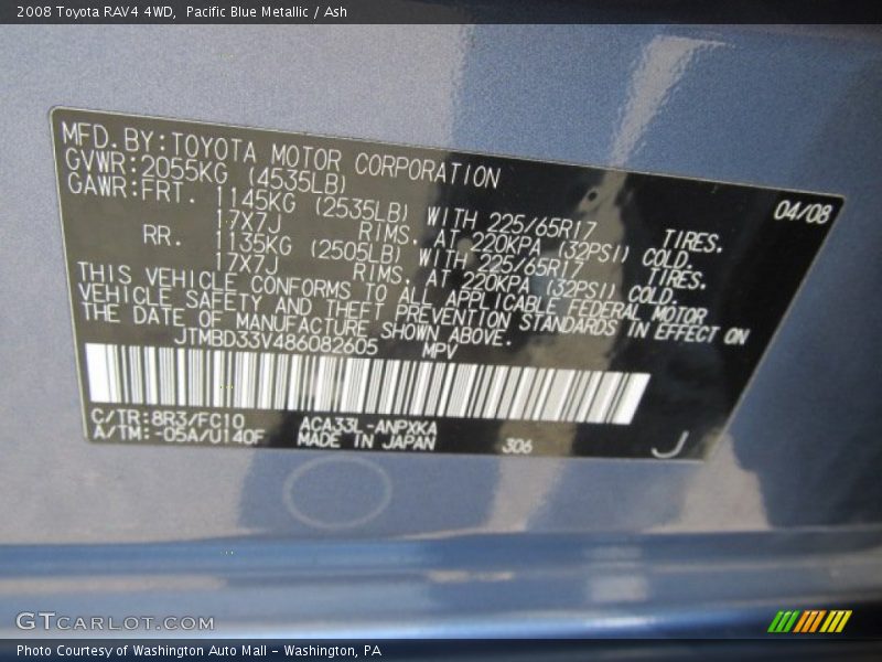 Pacific Blue Metallic / Ash 2008 Toyota RAV4 4WD