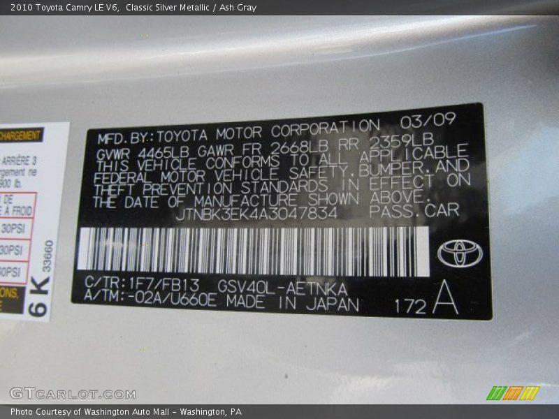 2010 Camry LE V6 Classic Silver Metallic Color Code 1F7