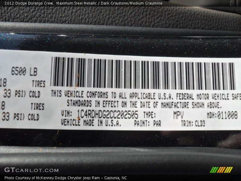 2012 Durango Crew Maximum Steel Metallic Color Code PAR