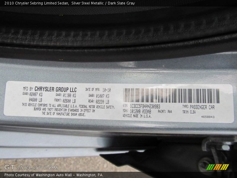 2010 Sebring Limited Sedan Silver Steel Metallic Color Code PA4
