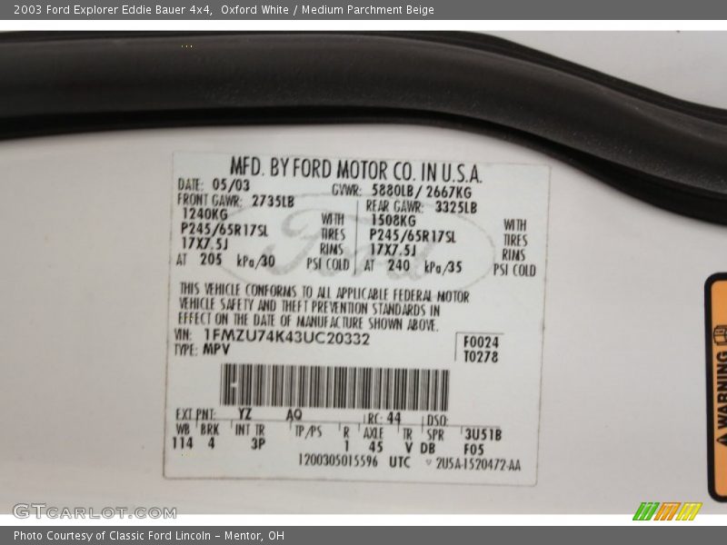 2003 Explorer Eddie Bauer 4x4 Oxford White Color Code YZ