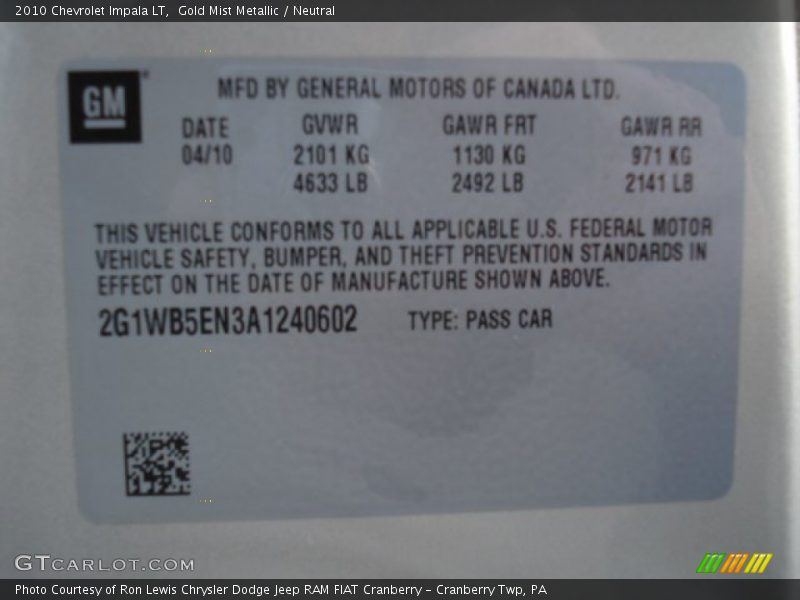 Gold Mist Metallic / Neutral 2010 Chevrolet Impala LT