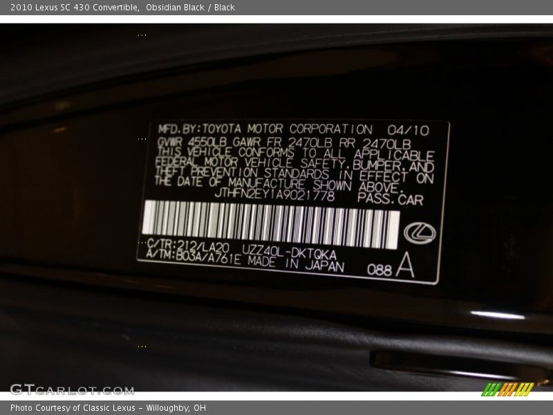 2010 SC 430 Convertible Obsidian Black Color Code 212