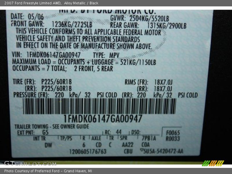 2007 Freestyle Limited AWD Alloy Metallic Color Code G5