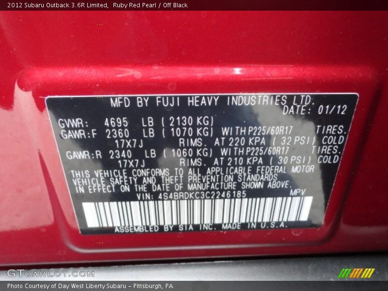 Ruby Red Pearl / Off Black 2012 Subaru Outback 3.6R Limited