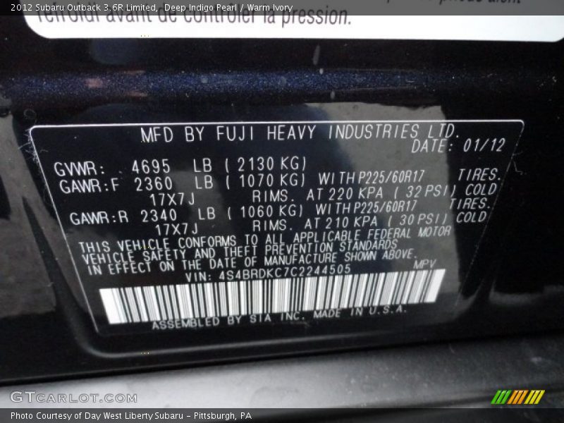 Deep Indigo Pearl / Warm Ivory 2012 Subaru Outback 3.6R Limited