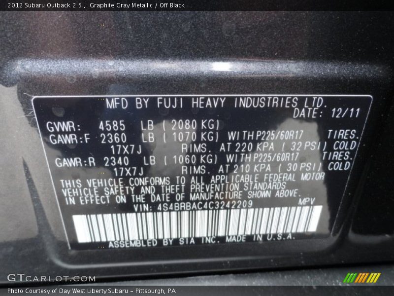 Graphite Gray Metallic / Off Black 2012 Subaru Outback 2.5i