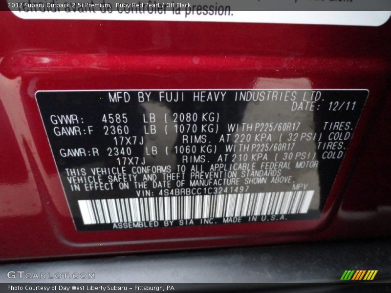 Ruby Red Pearl / Off Black 2012 Subaru Outback 2.5i Premium